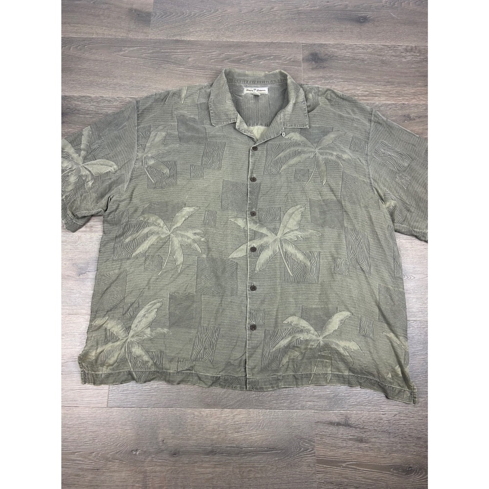 Tommy Bahama Mens XXL Silk Camp Shirt Sage Green Tropical Palm Tree Button Down